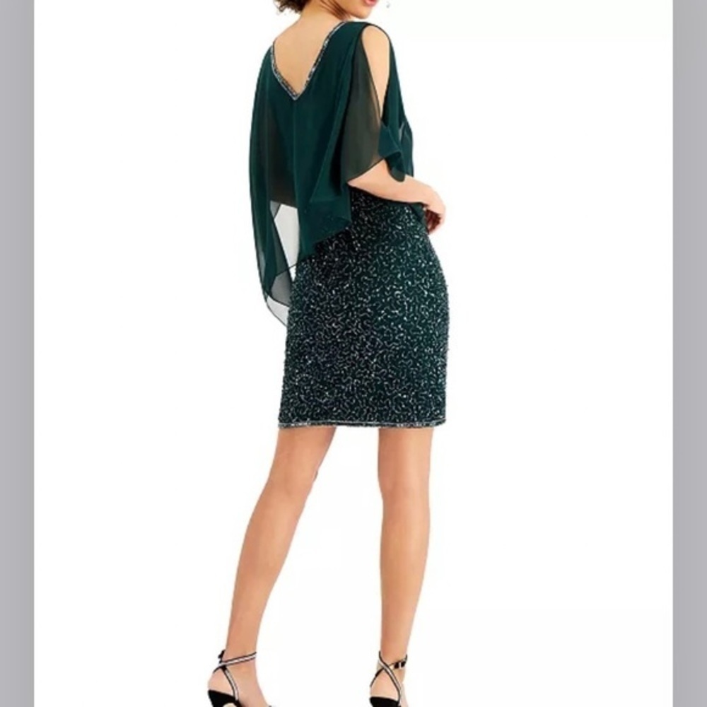 J Kara Asymmetrical-Overlay Embellished Dress in Hunter Green - Picture 2 of 11